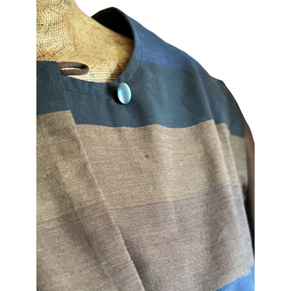 Vintage Striped Midi Dress With Button Closure & Puffed Sleeves